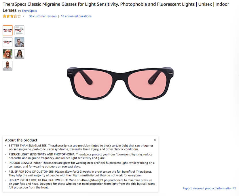 TheraSpecs Classic migraine glasses sold on Amazon