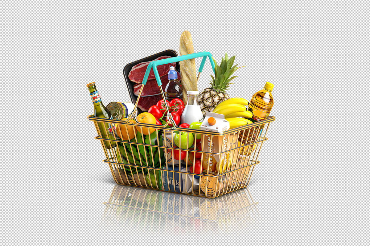 product photo of groceries with transparent gridded background