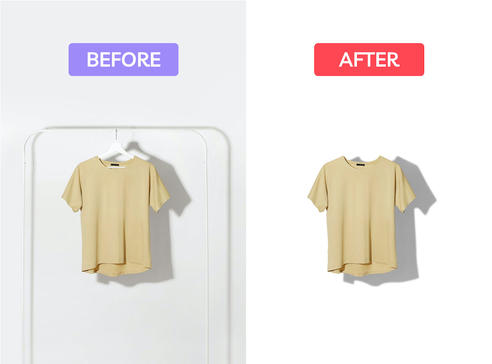 before and after product photo of flat lay T-shirt with and without shadow