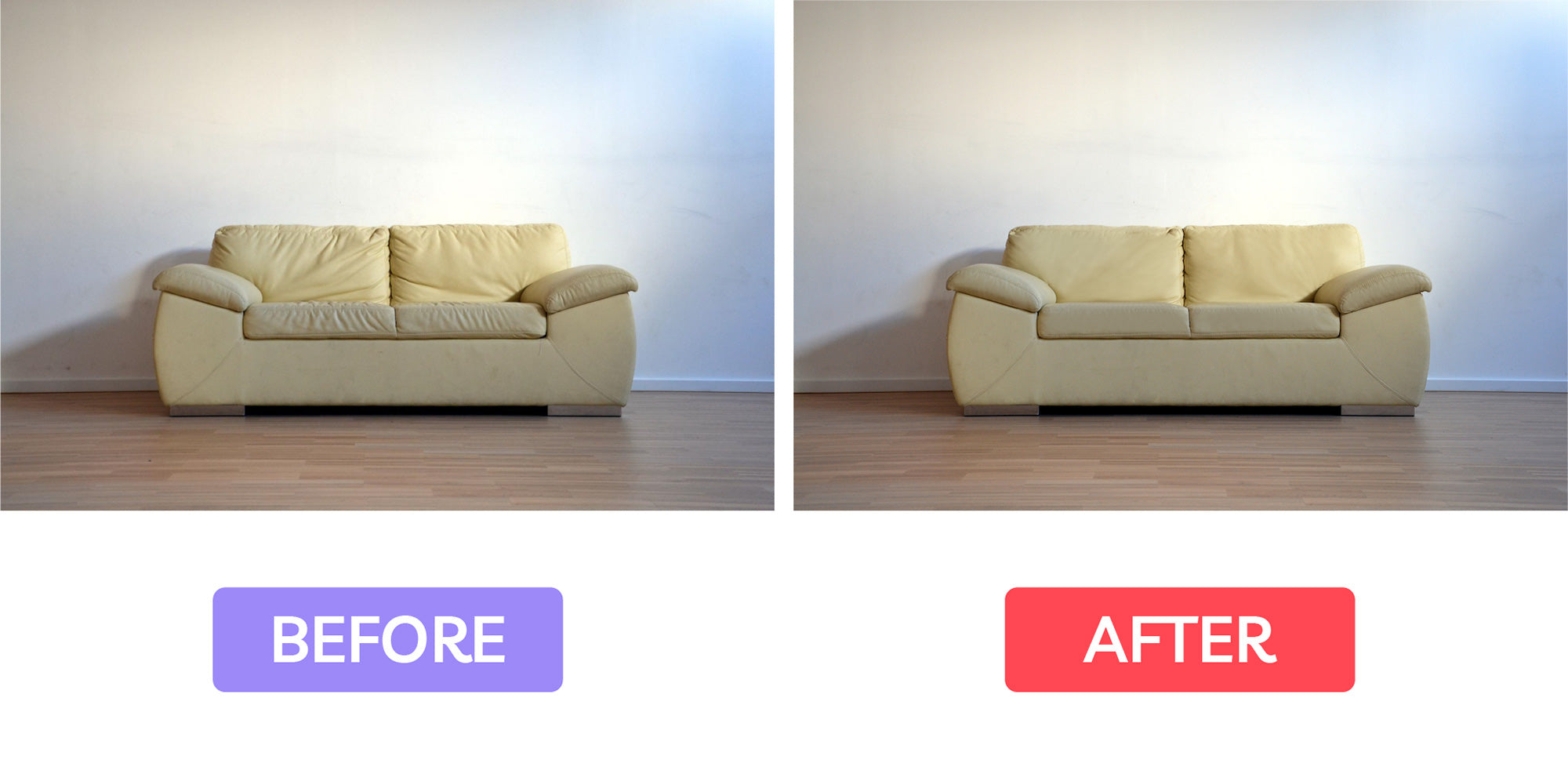 before and after images of product photo of white leather couch with wrinkles and without