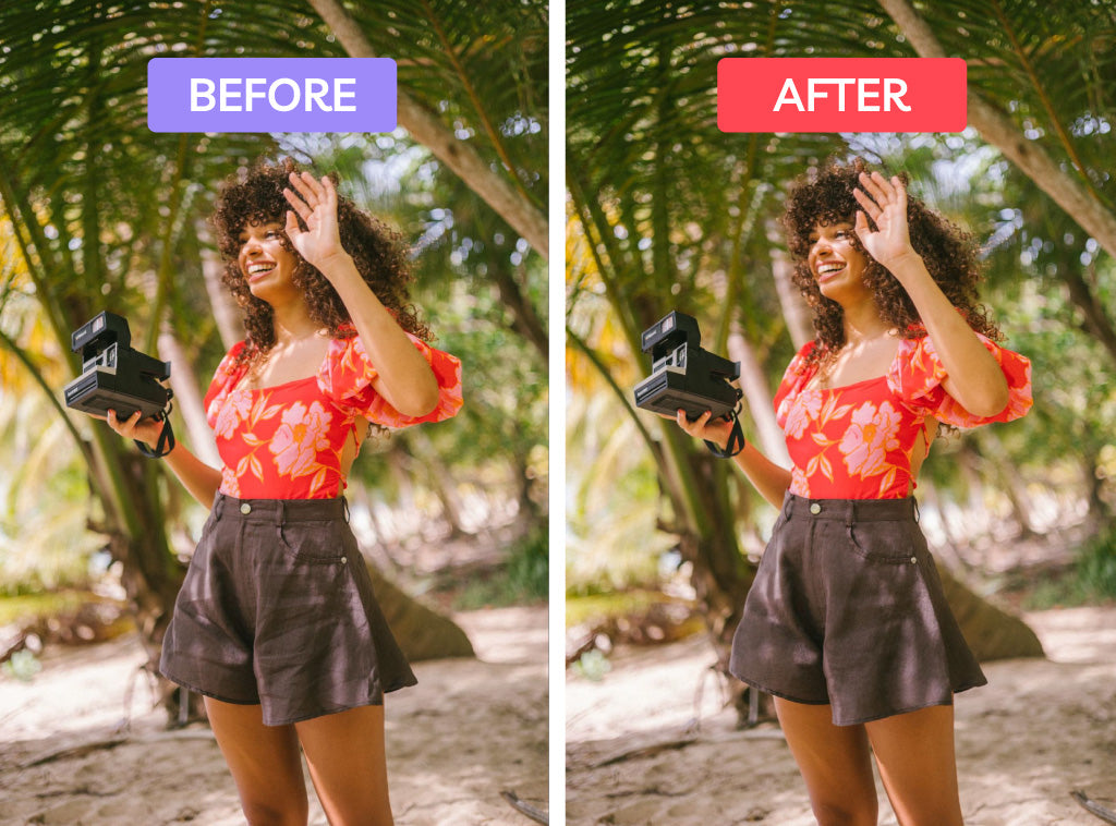 before and after photos of model wearing shorts with wrinkles and edited to remove wrinkles