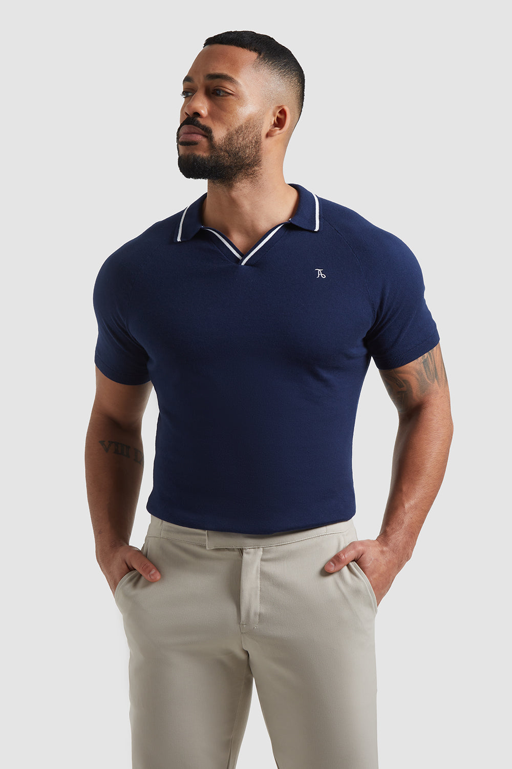 Tipped High V Knit Polo Shirt in Navy - TAILORED ATHLETE