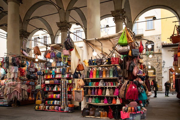 Leather bags and accessories at Nuovo Market in Florence, Italy