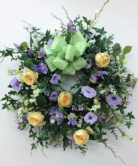 Yellow and Lavender Silk Floral Spring Front Door Wreath