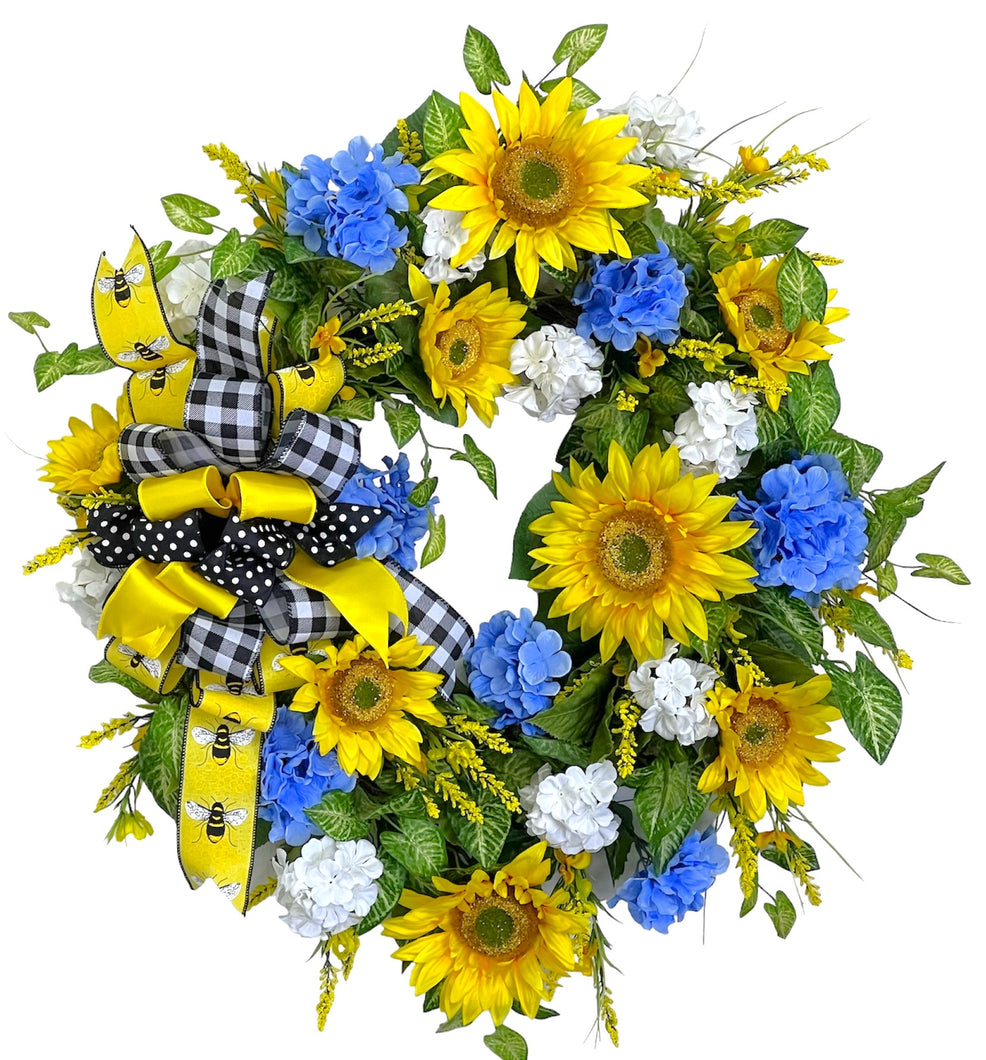 Sunflower, Blue Hydrangea, white Geranium Summer Wreath/VER188