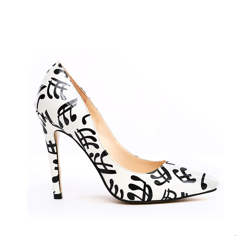 B&W Music Note Print High Heels - Artistic Pod