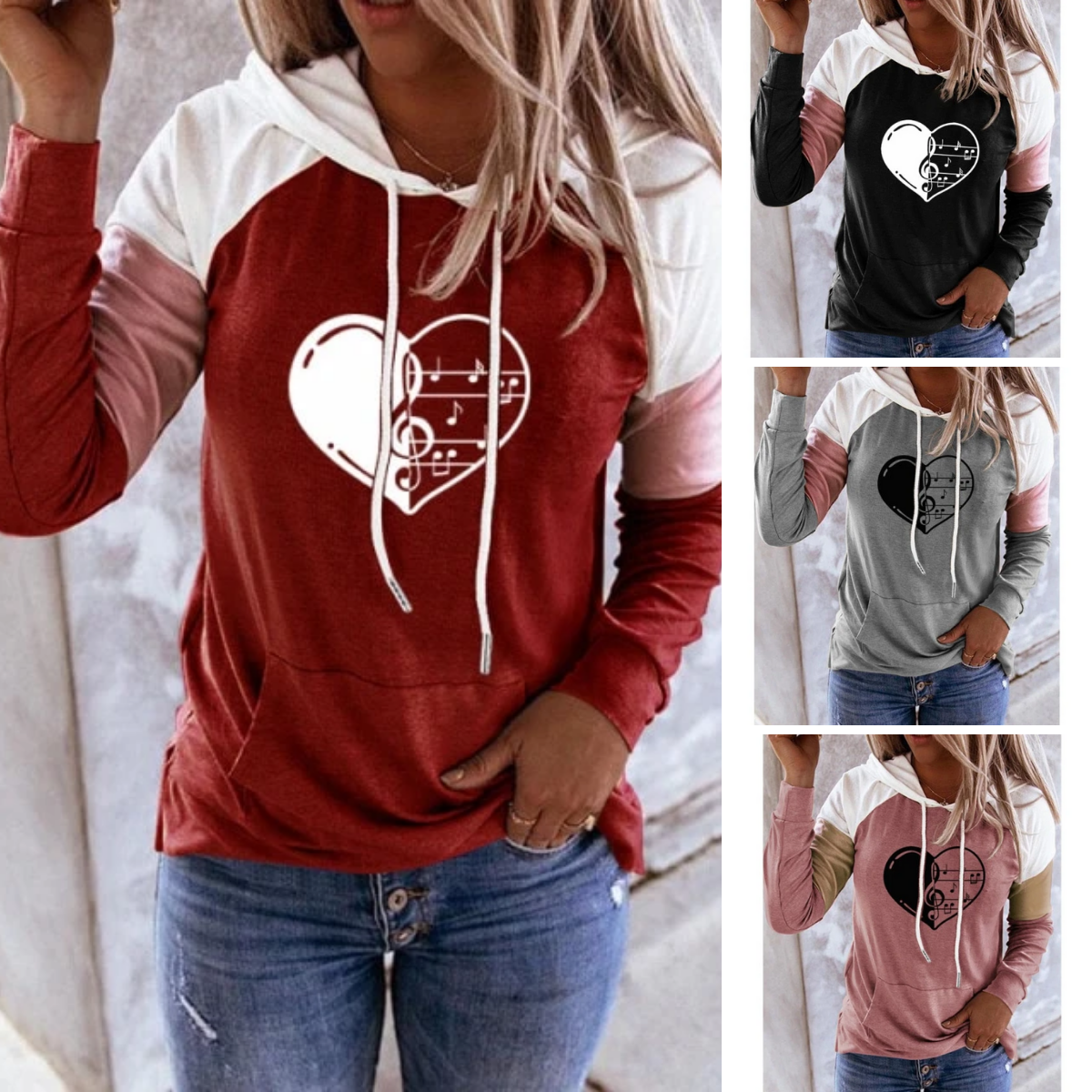 Music Notes Heart Pocket Splice Hoodie