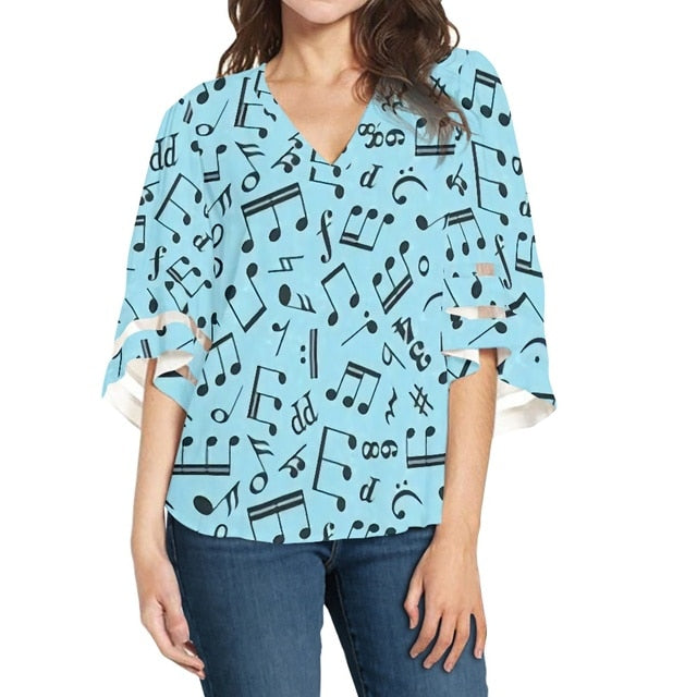 Music Note V-Neck Blouse