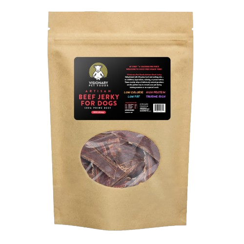 A package of Visionary Artisan Beef Jerky for Dogs with a clear window showing the product inside.