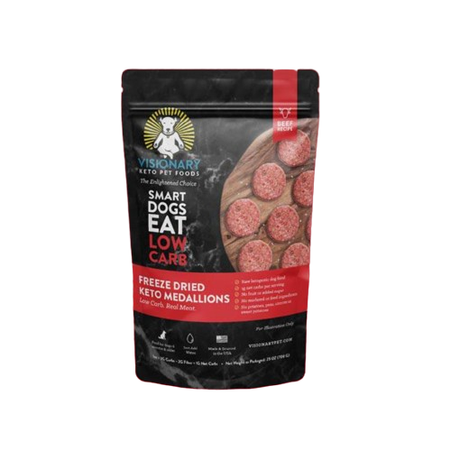 Packaging of freeze-dried keto medallions for dogs.