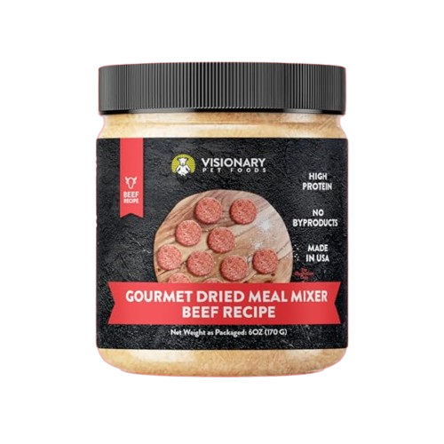 Jar of gourmet dried beef recipe meal mixer for pets by Visionary Pet Foods.