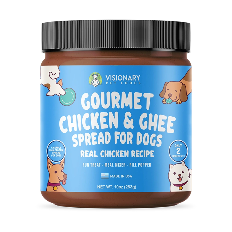 Jar of gourmet chicken and ghee spread for dogs, labeled as a fun treat and meal mixer.
