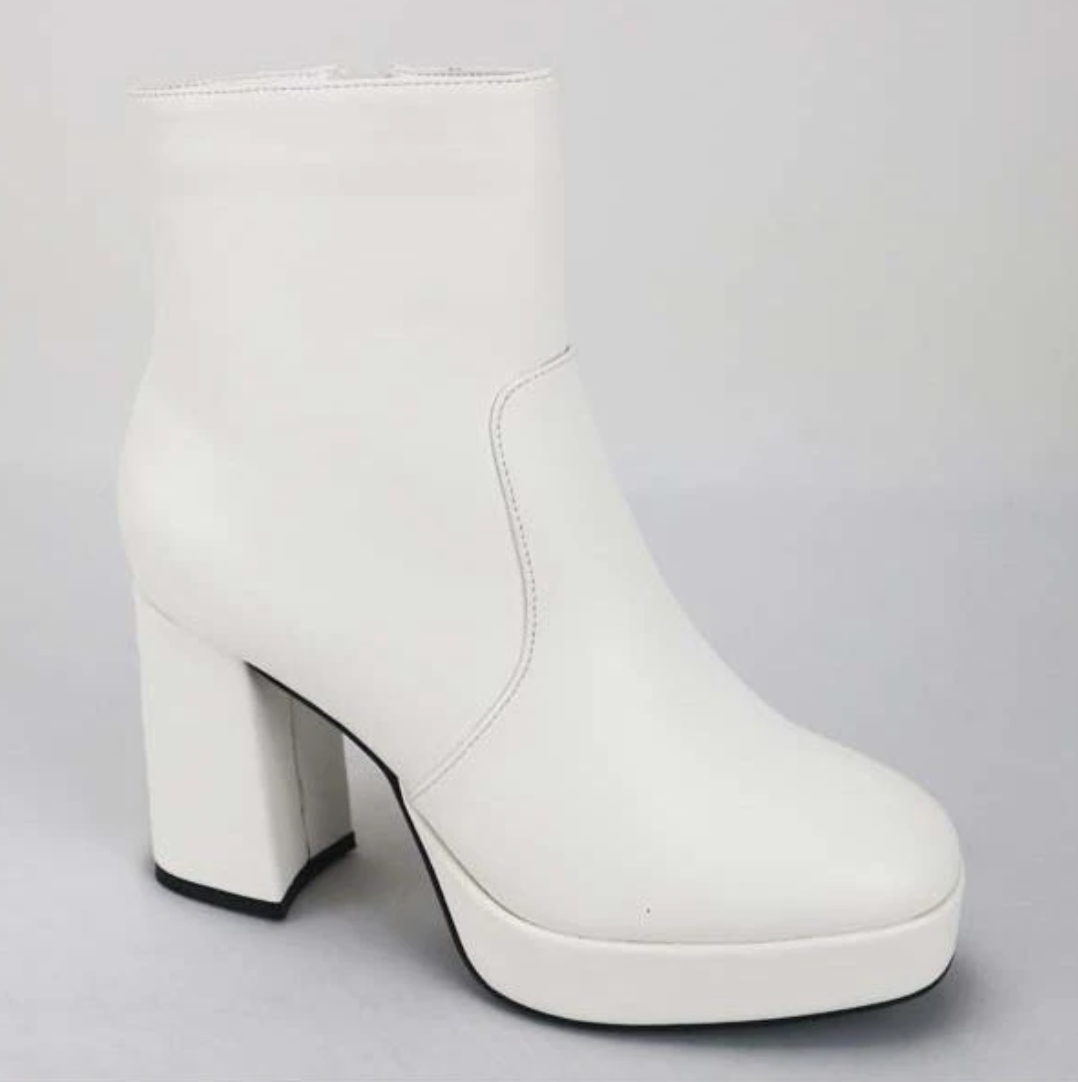 white booties chunky heel