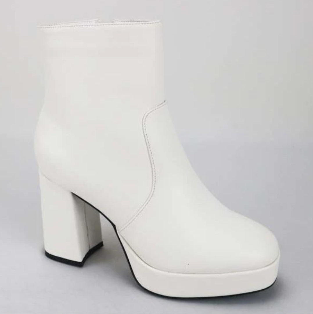 White Mini Platform Chunky Heel Bootie 