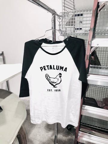 Women's Baby Rib 3/4 Sleeve Baseball Tee with Petaluma Chicken logo Wh –  Luma Vintage