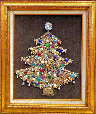 Framed vintage art print of an elaborate Christmas tree made out of old jewelry and beads