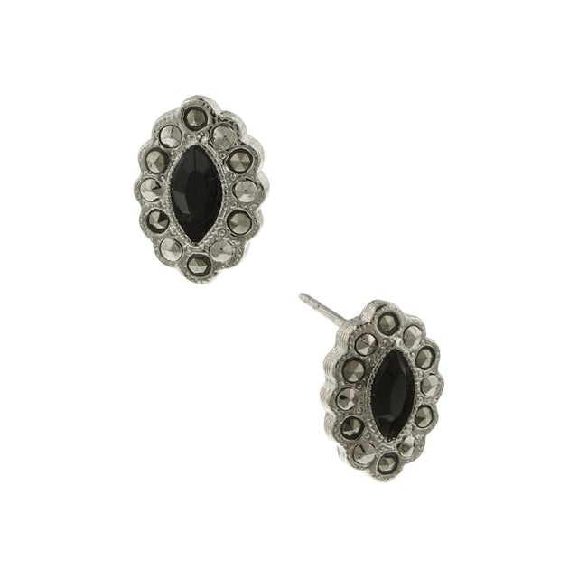 1928 Marcasite And Black Navette Button Earrings | 1928 Jewelry