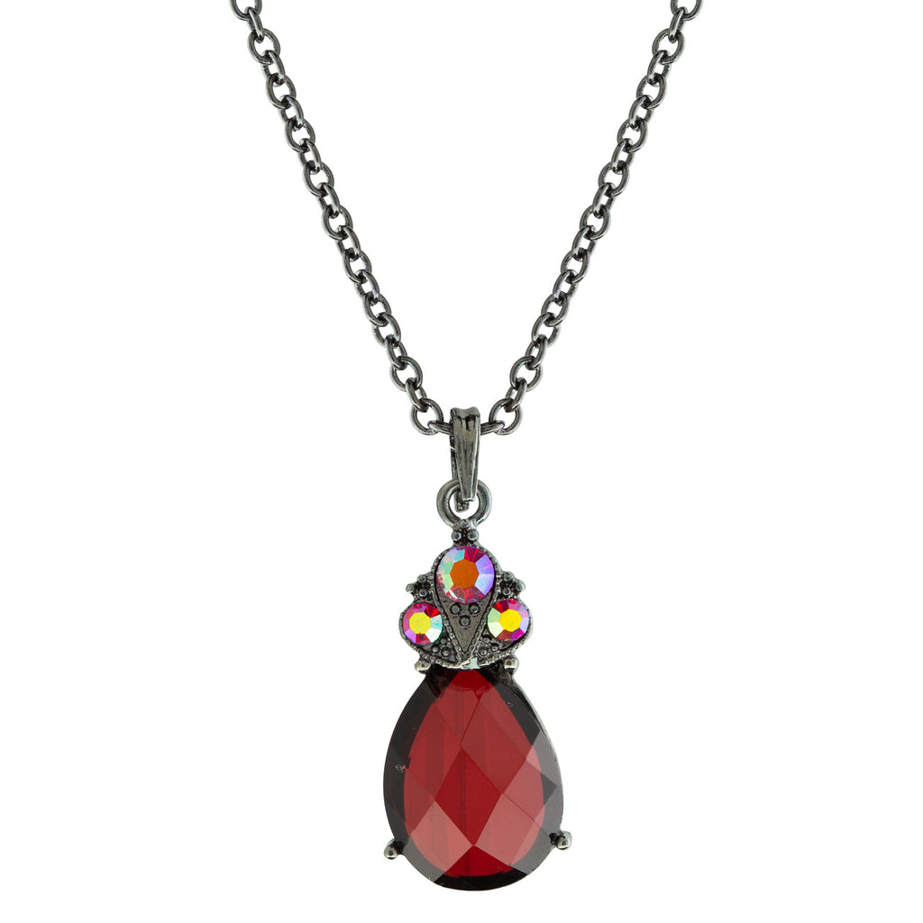 Spinner Pendant Necklace - Dark Gunmetal, Red & Black Gems