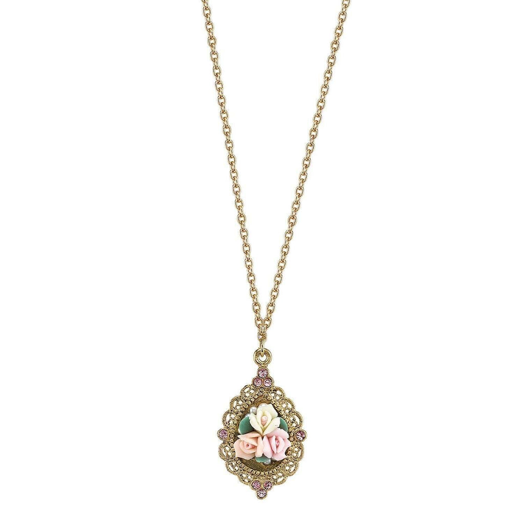 1928 Jewelry Porcelain Rose With Crystal Accent Pendant Necklace 17