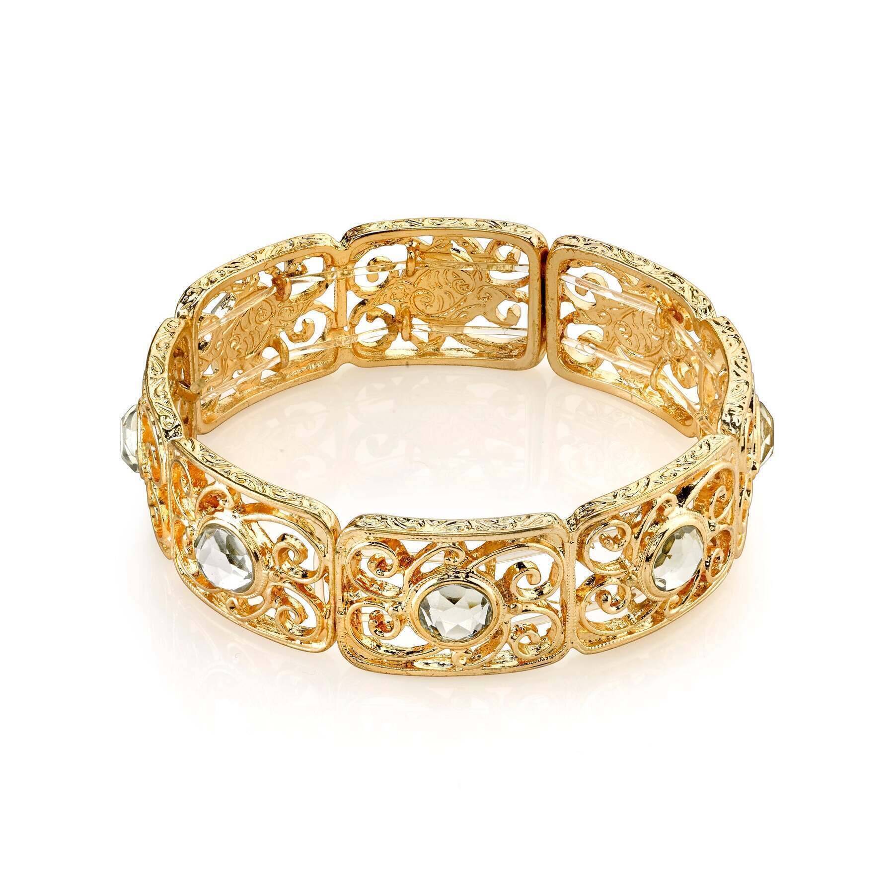 2028 Gold-Tone Filigree Crystal Stretch Bracelet