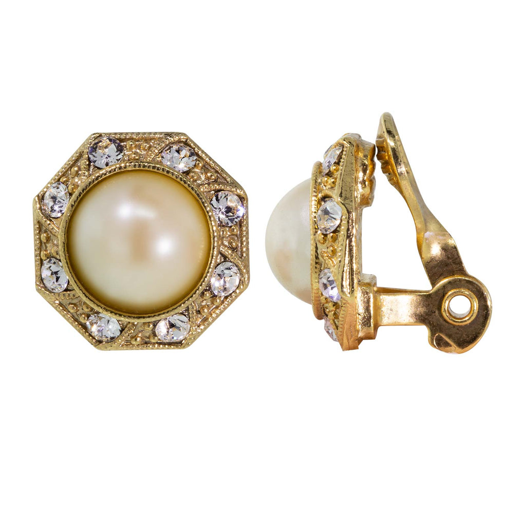 1928 Jewelry Faux Pearl Crystal Round Button Clip On Earrings