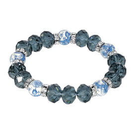 Silver Tone Dark Blue and Blue Willow Beaded Stretch Bracelet