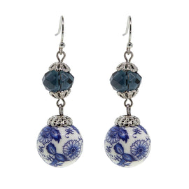 Silver Tone Dark Blue and Blue Willow Beaded Drop Earrings