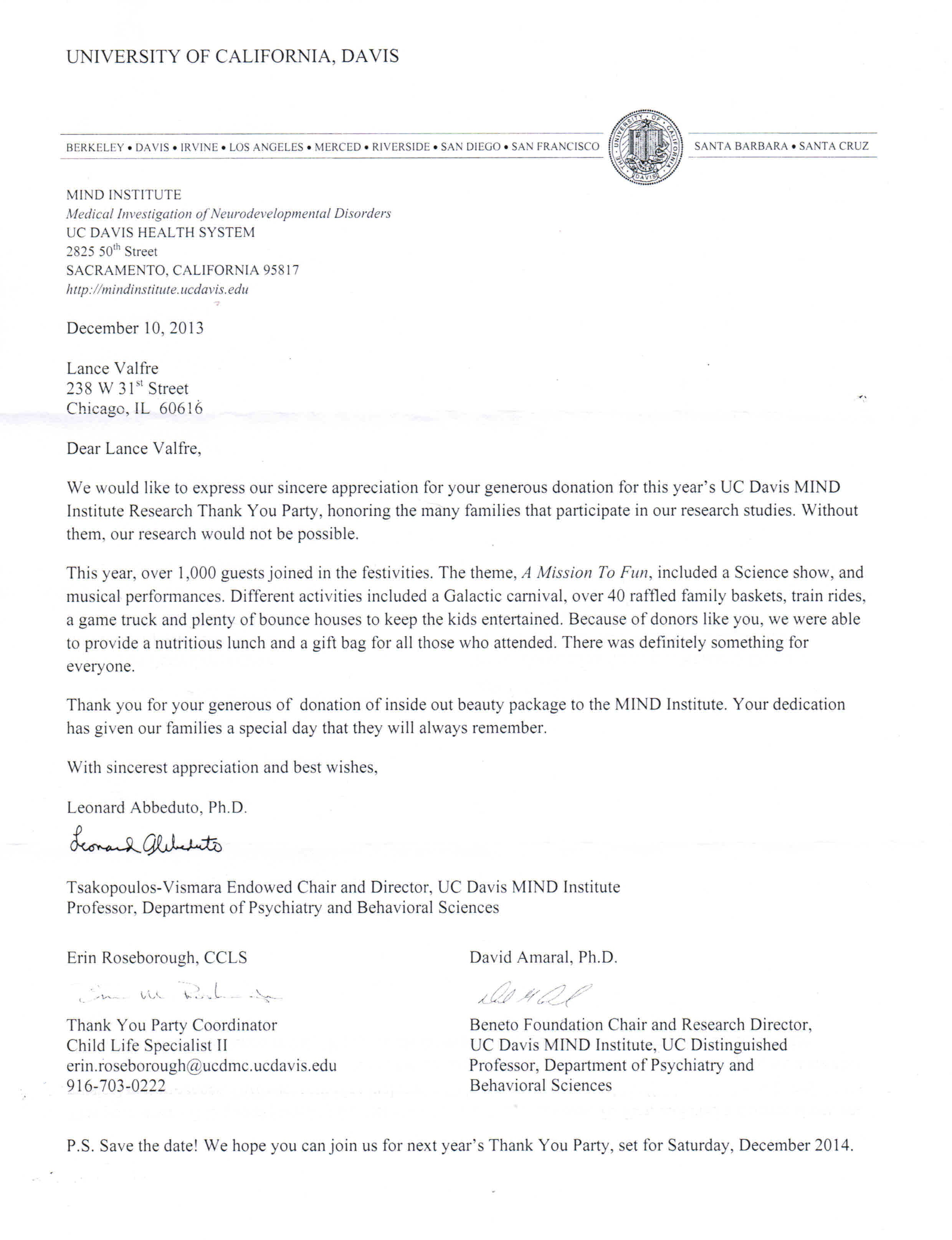 UC Davis Thank You Letter