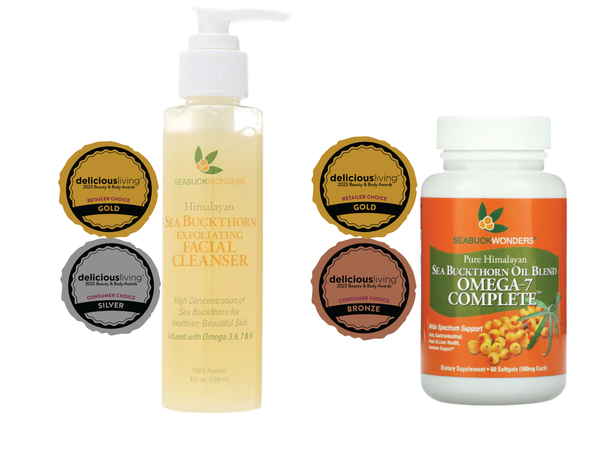 Delicious Living Beauty and Body Award Gold Winners 2023- SeabuckWonders!  Customer Favorites Omega 7 Complete and Exfoliating Facial Cleanser Take the Gold!