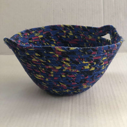 Handmade Coiled Basket Bowl Yarn wrapped Woven Blue Yellow 6.5” Unique  Table Top