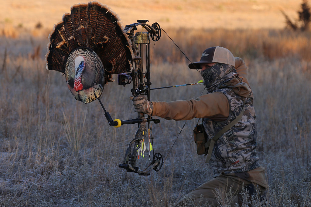 bow hunting turkeys with bow mounted decoy