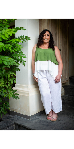 Taleeta - green top - white pants