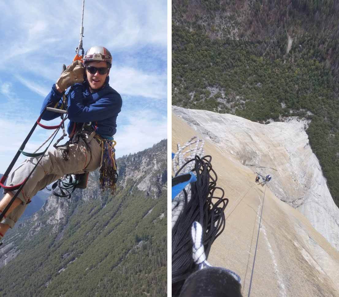 James Davidson and Axel Tritton jummaring back up the head wall of The Shield, El Cap