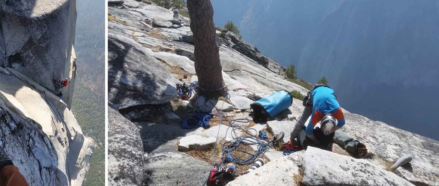 The final pitches and summit of The Shield on El Capitan Yosemite