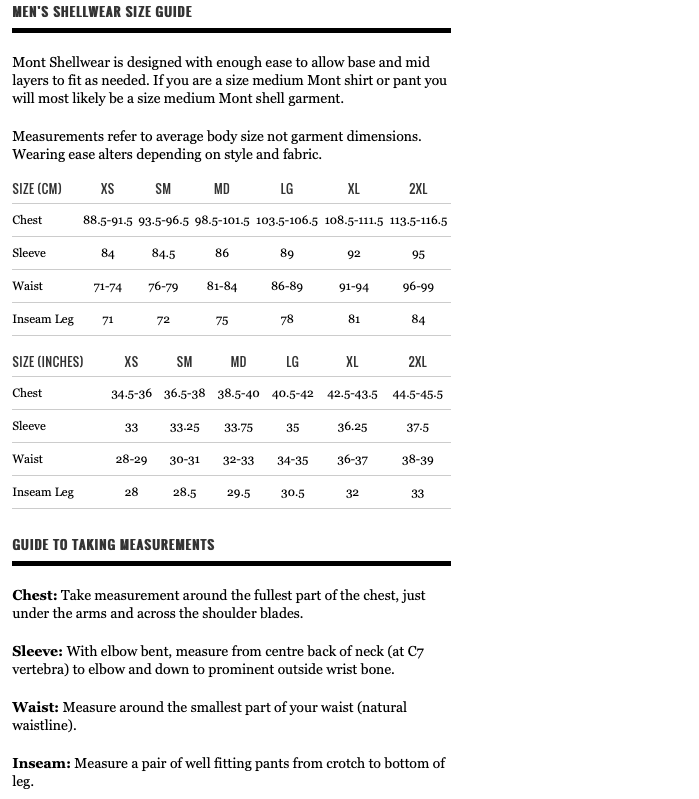 Mont Size Chart mens shell wear