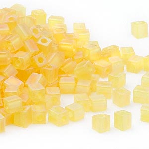 4mm transparent frosted rainbow yellow square beads, Miyuki # SB136FR, 20gm, ~208 beads