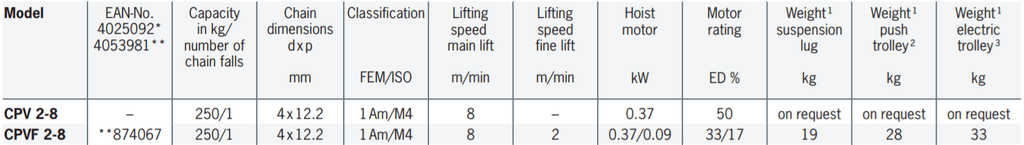 Electric Chain Hoist 250kg Specification