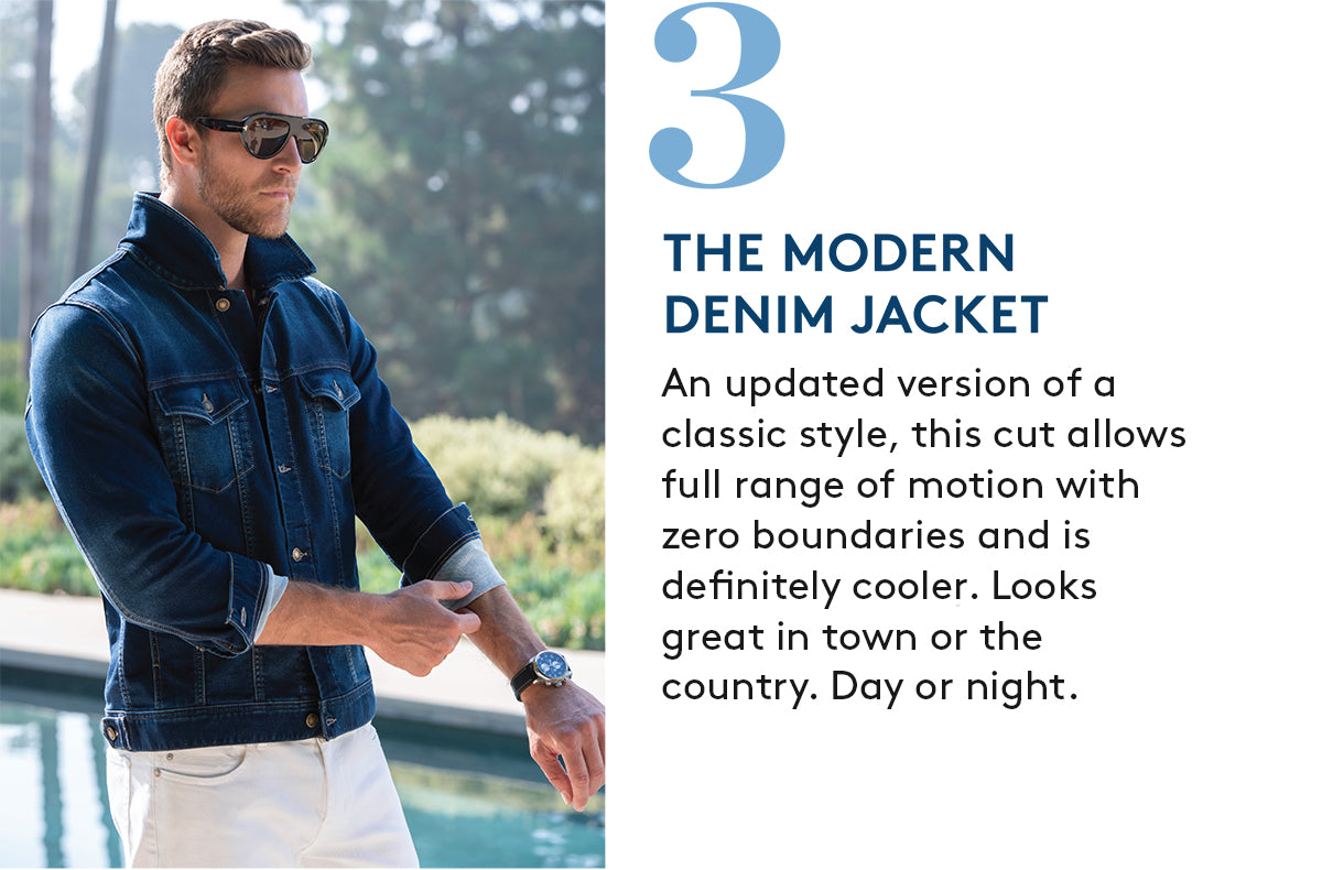 3. THE MODERN DENIM JACKET: An updated version of a classic style, this cut allows full range of motion with zero boundaries and is  definitely cooler. Looks great in town or the country. Day or night.