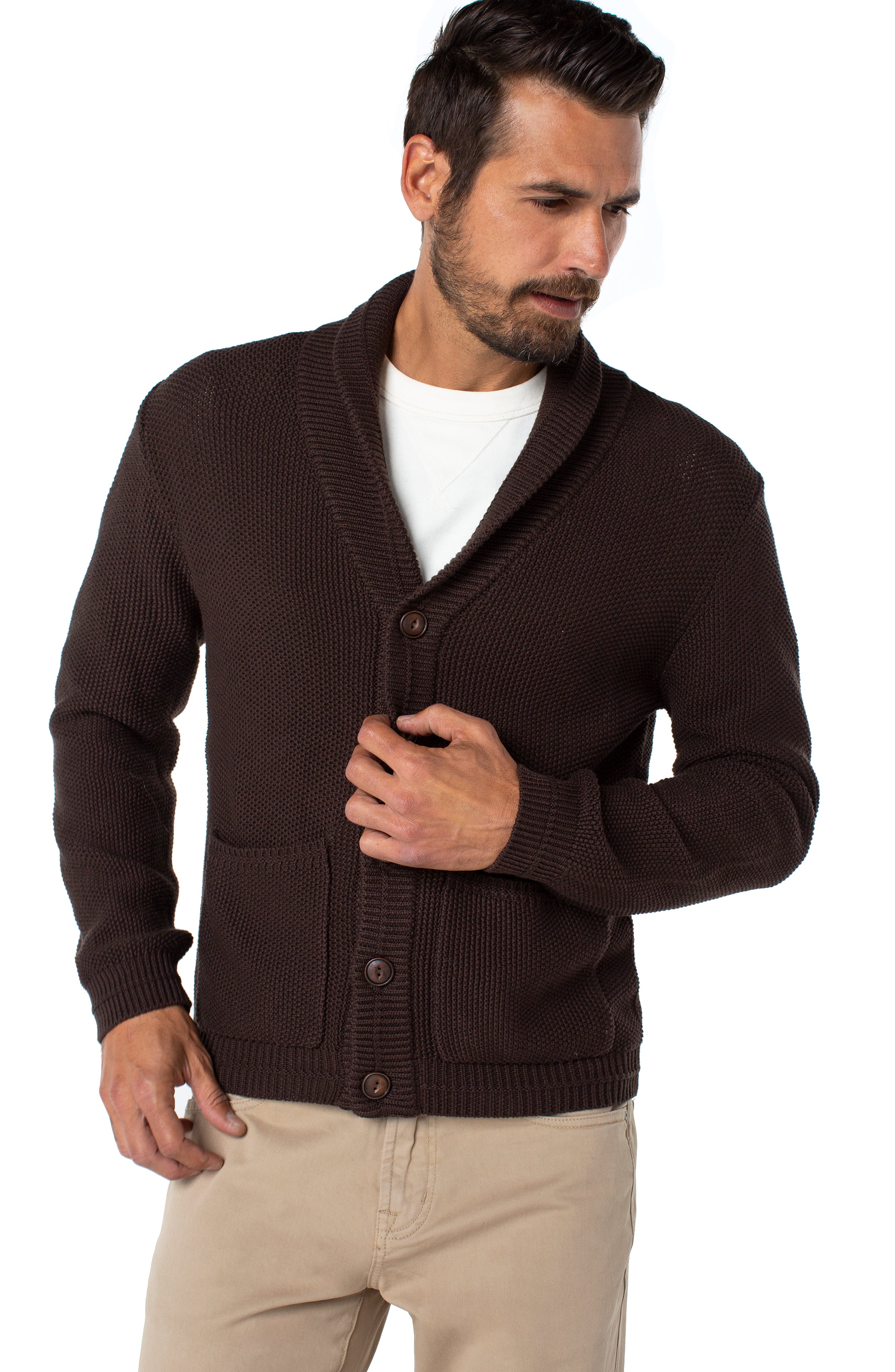 BIRDSEYE STITCH SHAWL COLLAR CARDIGAN