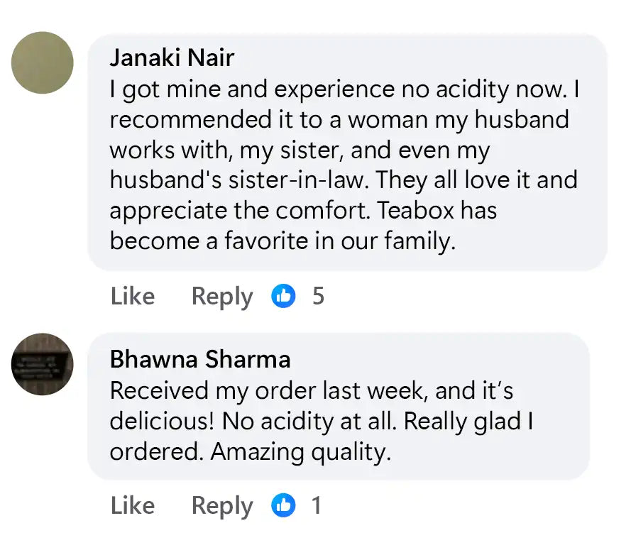 Two reviews praising Teabox for reducing acidity and its quality.