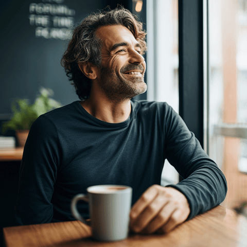 Man wearing a round neck full sleeve t-shirt, enjoying coffee, smiling