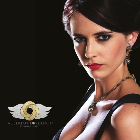 Eva Green wearing the Algerian Loveknot<sup>®</sup> Necklace from the James Bond movie Casino Royale and Quantum of Solace, designed by Sophie Harley.