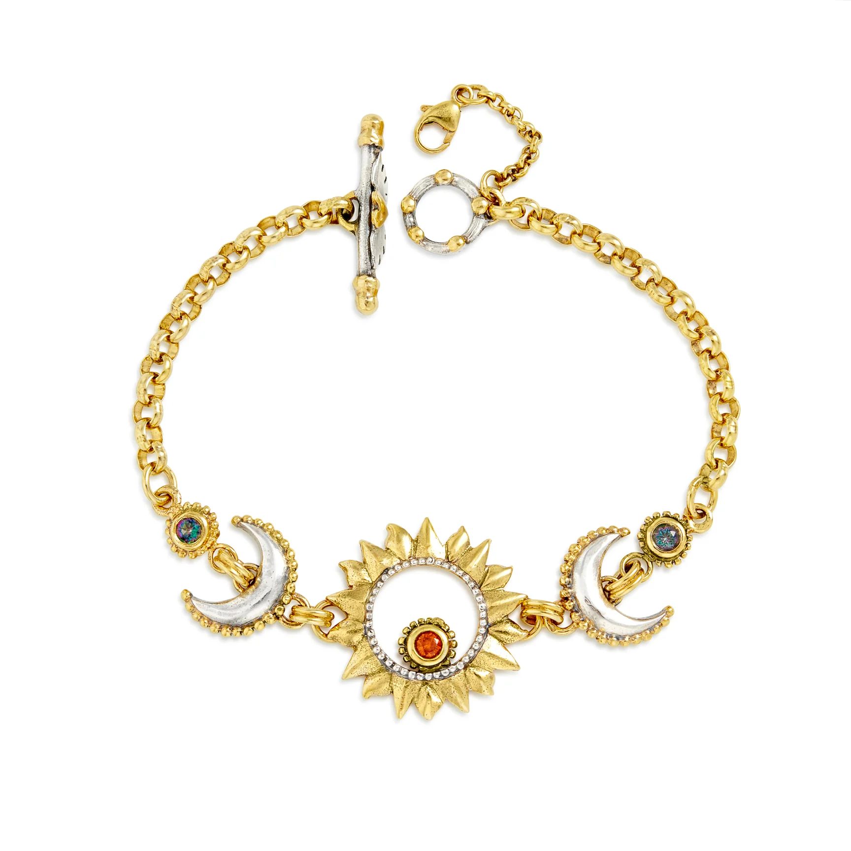 Sirius Bracelet with Mandarin Garnet and Mystic Topaz gemstones in gold plated silver by Sophie Harley London