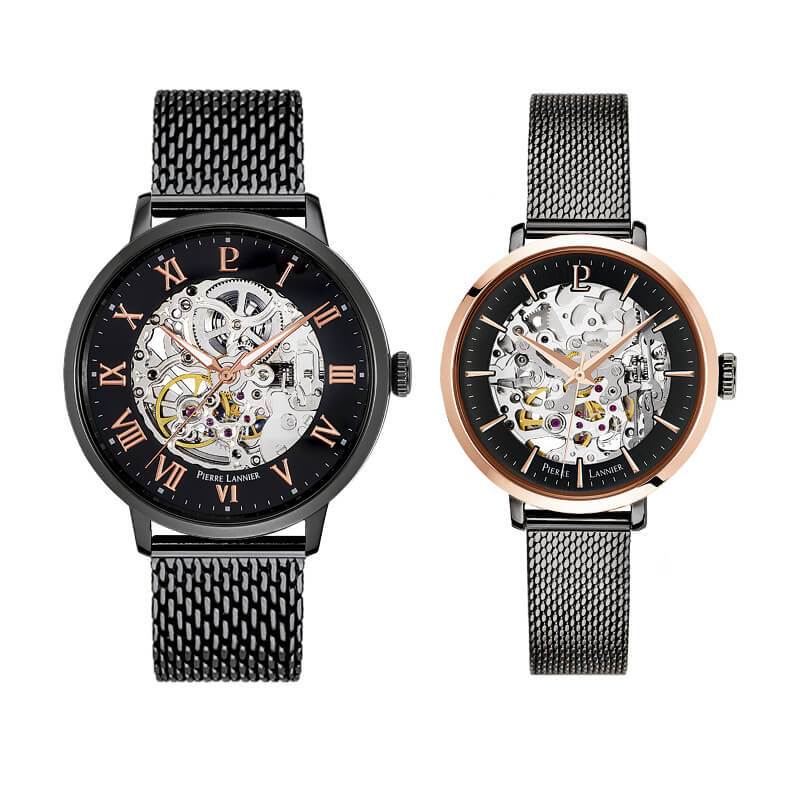 Pierre Lannier - "Automatic" - Horlogeset Grey - & Vrouw Donkergrijs, Rosé Goud, Mesh | Leuke Horloges.nl