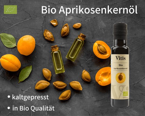 Ein Bild mit Bio Aprikosenkernöl von Vitis auf einem dekorativen Hintergrund.