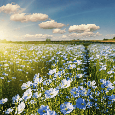 Ein großes Feld mit blauen Flachsblumen.