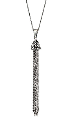 sterling silver pendant featuring a delicate curb chain tassel hanging from reptile detailing on a hinged bail