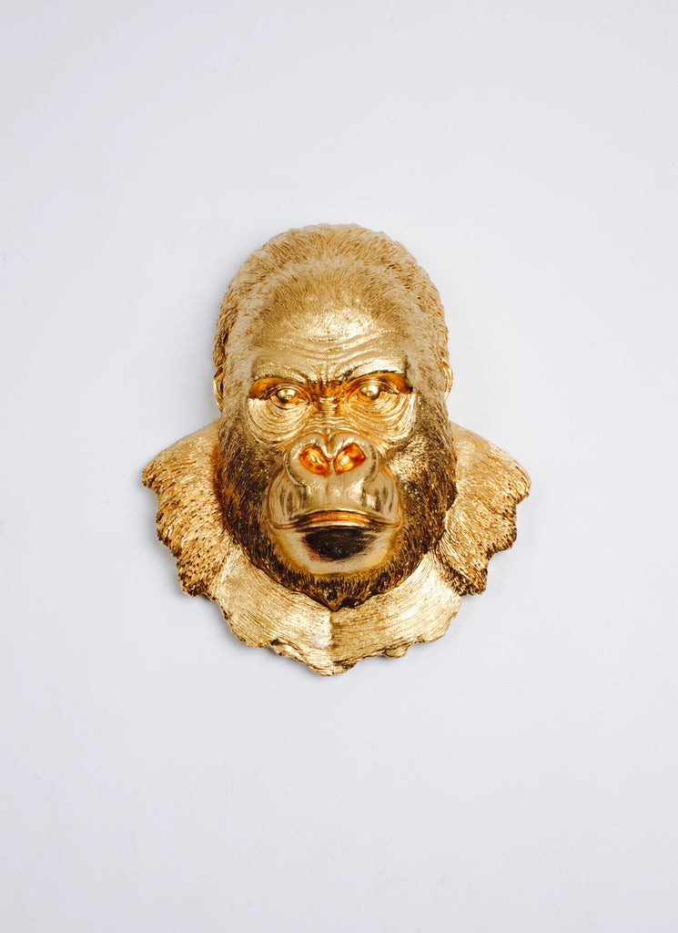 The Mambo in Gold, Gorilla Head Wall Mount – White Faux 