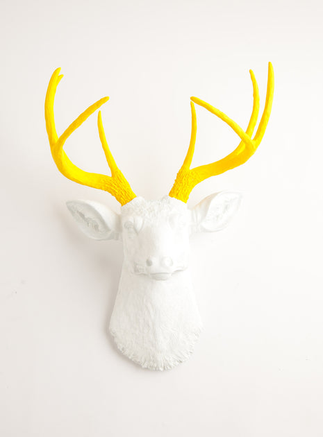 White Faux Deer Head W/ Yellow Resin Antlers, Faux Taxidermy Decor