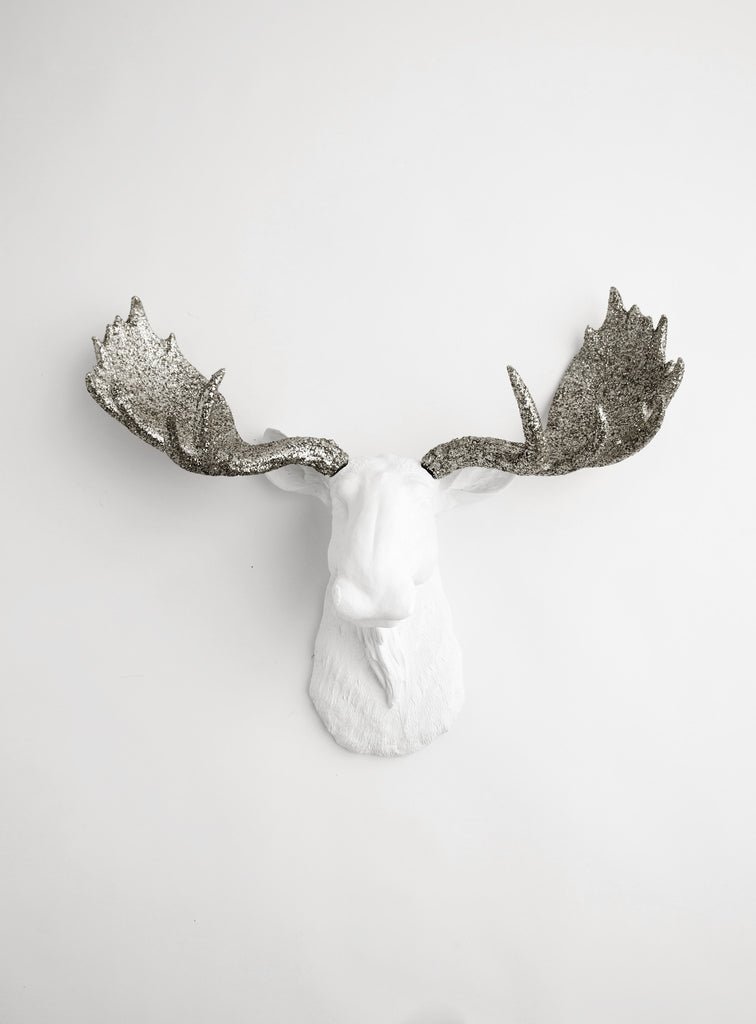 White Faux Moose Head Wall Mount with Silver Glitter Antlers – White ...